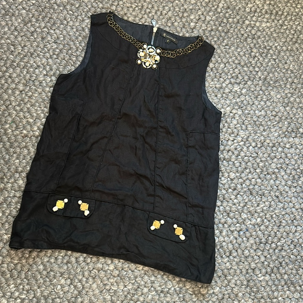 Castle Starr 100% Linen Black Hardware Embellished Shift Blouse Size 8